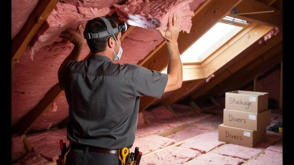 Technicien en gestion parasitaire inspectant l'isolation d'un grenier résidentiel pour traces de rongeurs