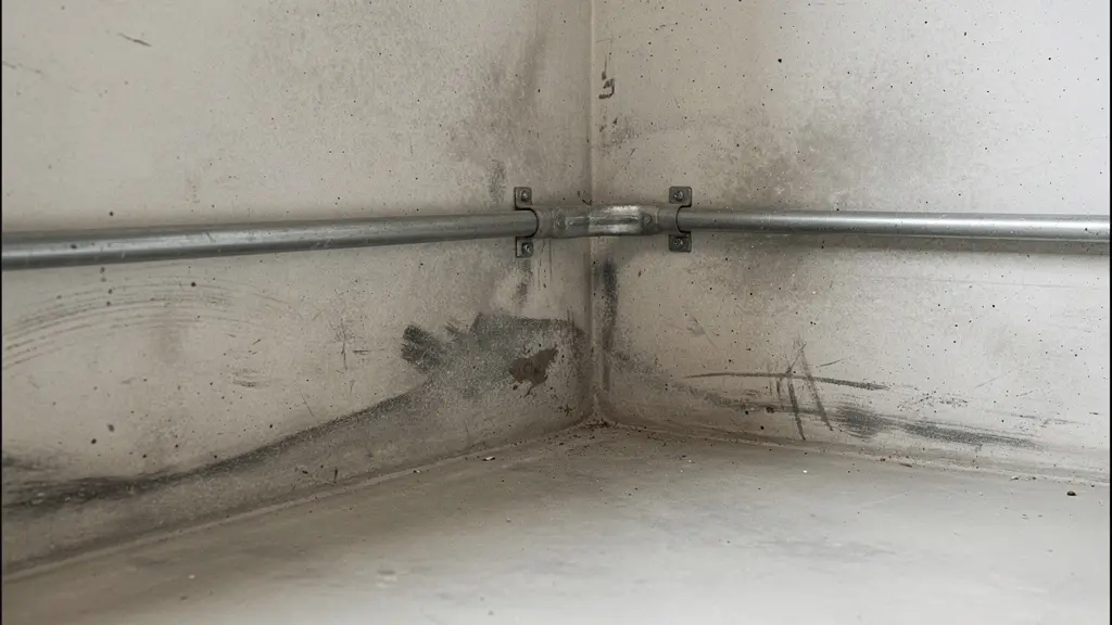 Zone de passage typique des rongeurs montrant des traces de gras sur un mur de sous-sol québécois